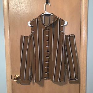 Cold Shoulder Brown, Navy & White Blouse